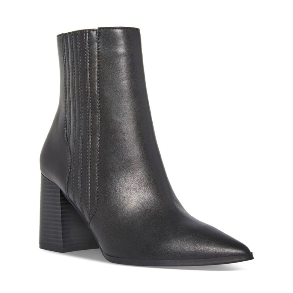 AQUA COLLEGE Womens Black Iconic Pointed Toe Stacked Heel Leather Booties 6 M